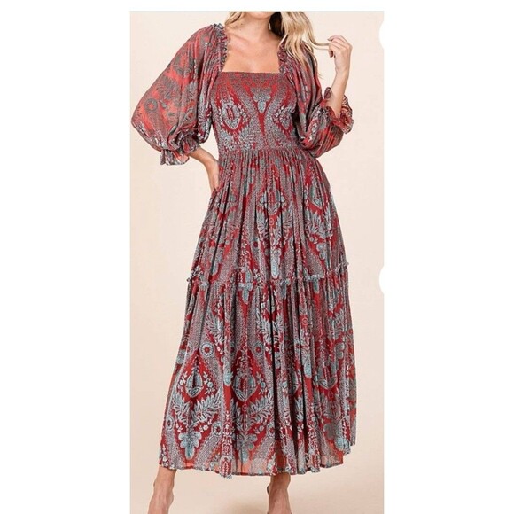 Fate Curve Women's Brick Red/Teal Burnout Velvet Midi Maxi Dress Size Small - Picture 2 of 13